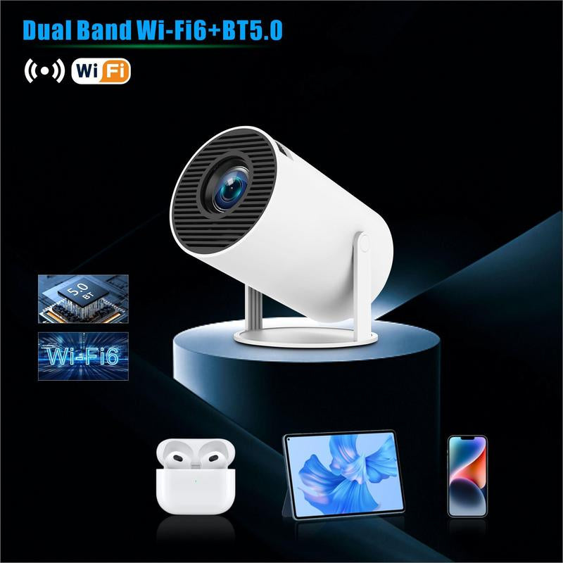 Portable 4K HD Smart Projector with 2.4/5G Wi-Fi, 360° Projection, Bluetooth 5.2, 200-Inch Screen, and Built-In Speaker for Home Entertainment