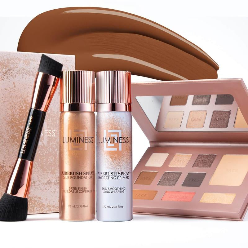 Luminess Glow up Essentials Face Time Palette 4 Piece - Tiktok Shop Exclusive - Silk Airbrush Spray Foundation & Primer Kit - Full Coverage Foundation, Anti-Aging Formula Hydrates & Moisturizes with Hyaluronic Acid, Aloe Vera & Hydrolyzed Silk