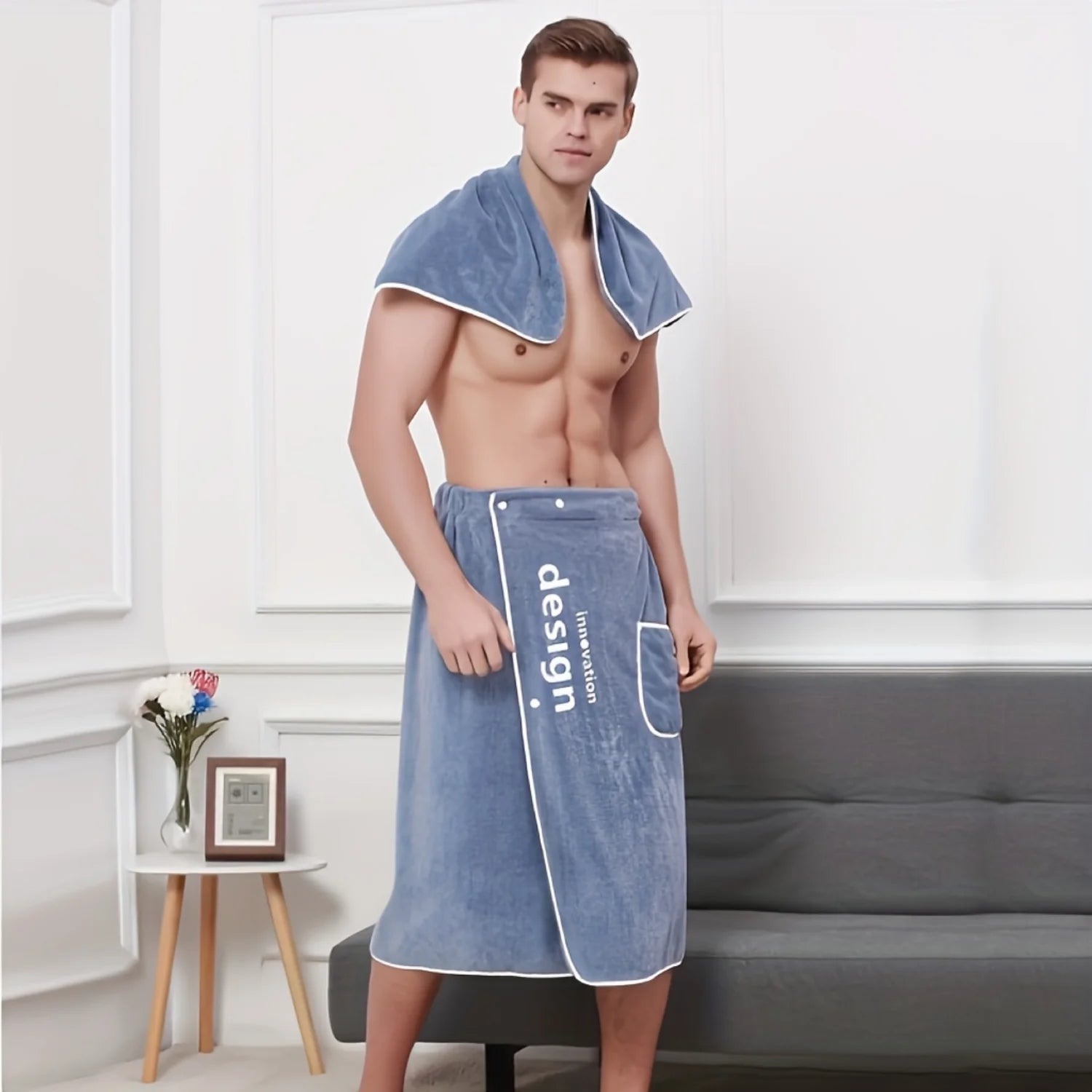 2Pcs Men'S Shower Wrap Robe Set - Ultra-Absorbent, Non-Fuzzing, Button Fastened, Comfortable Bath Towel Wrap - Premium Collectio