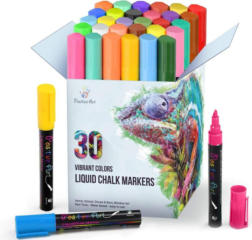 Liquid Chalk Markers Set - 30 Washable Vibrant Colors with Reversible Tip for Window Art