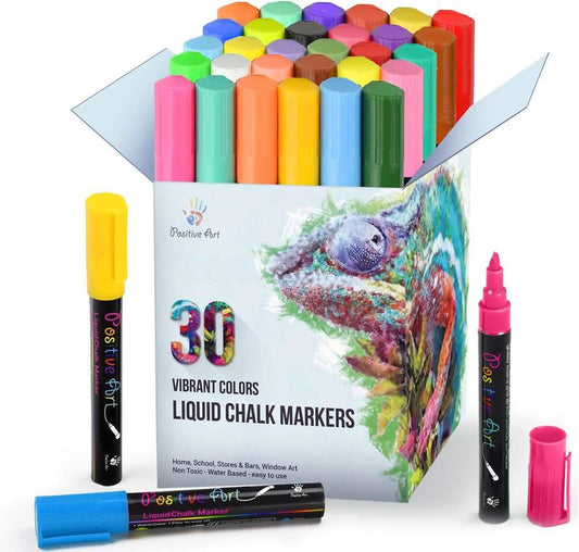 Liquid Chalk Markers Set - 30 Washable Vibrant Colors with Reversible Tip for Window Art