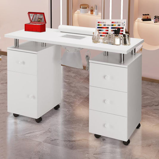 Professional Manicure Table with Dust Collector, Lockable Wheels, Wrist Cushion, and Acetone Resistant Makeup Beauty Salon Storage Station