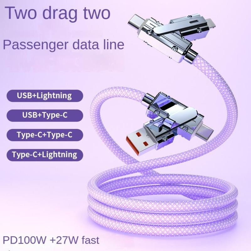 4-In-1 Multi-Function Data Cable, PD100W Charging, Dual Type-C 27W Fast Charging Data Cable, Type-C Upgrade Chip Supports Mobile Phones to Charge Mobile Phones, USB Fast Charging, Cellphone