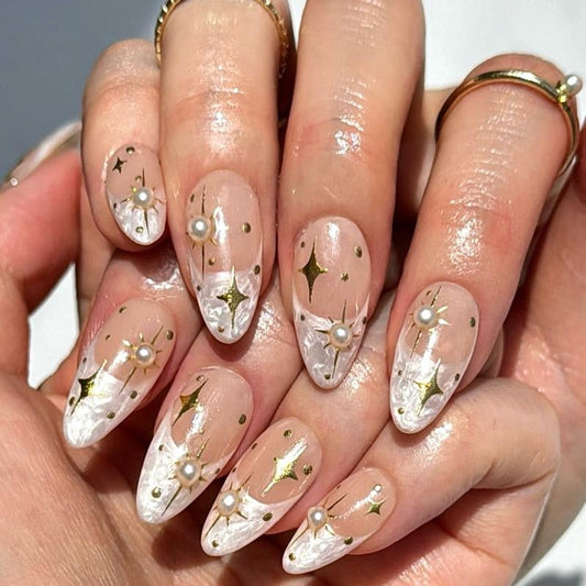 Handcrafted Wedding Press-On Nails - Medium Almond Shape with Pearl Accents - Faux Acrylic Gel Nails for Special Occasions