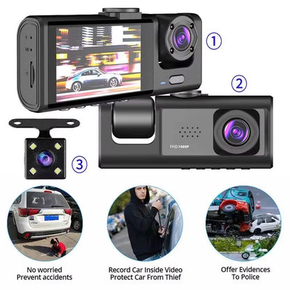 1080P Dash Cam with IR Night Vision 3 Channel Loop Recording 2 IPS Screen Vehicle DVR Video Recorder