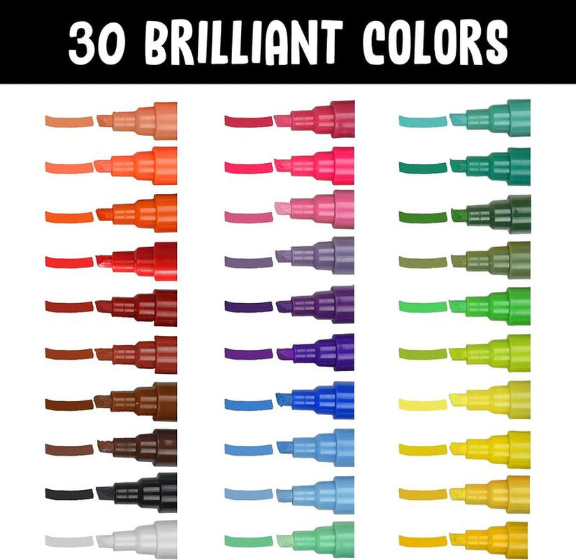 Liquid Chalk Markers Set - 30 Washable Vibrant Colors with Reversible Tip for Window Art