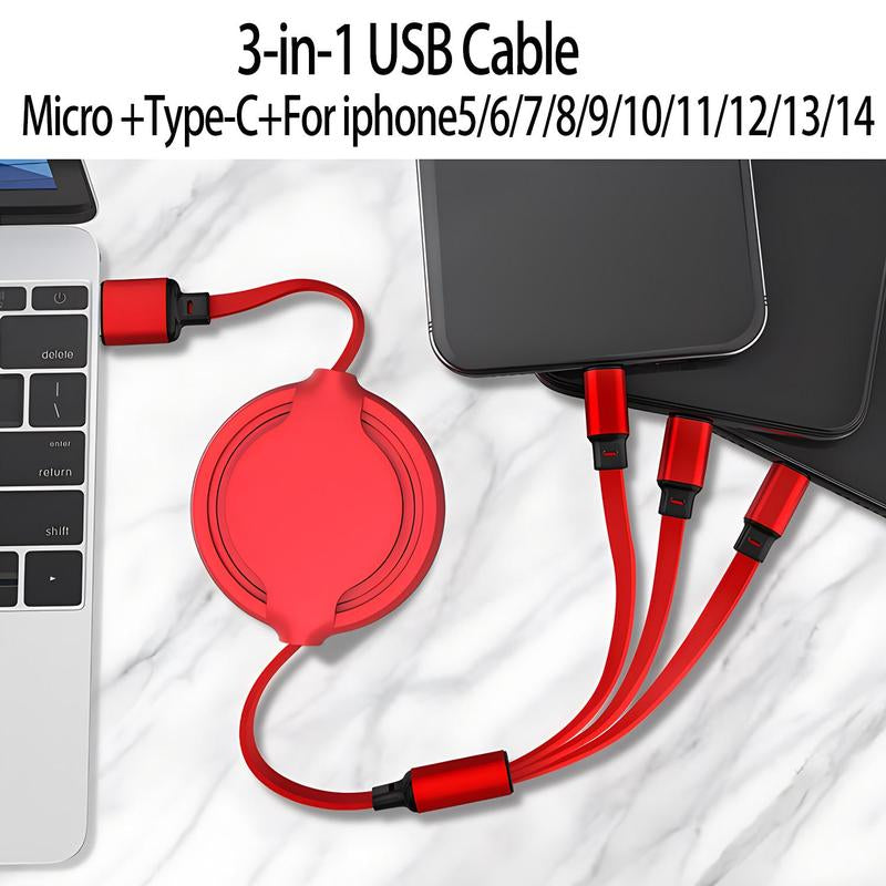 3-in-1 Telescopic USB Type-C Charger Cable, 120W Fast Charging Retractable Data Cable for iPhone and Android Devices, Electronics Accessories, Red