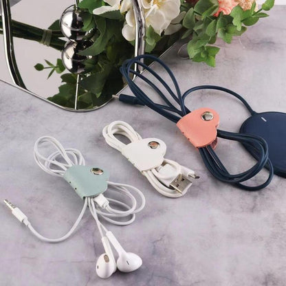 Heart-Shaped Cord Organizer Set in Assorted Colors, 5-Piece PU Leather Earphone and Headphone Cable Management for Home, Office, and School Desks