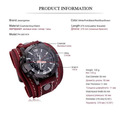 2025 Mens Quartz Wristwatch Fashion Cowhide Watchband Vintage Punk Big round Watches Men Wide Genuine Leather Bracelets Clock