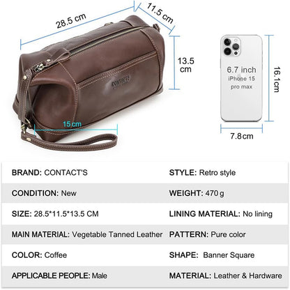 Toiletry Bag for Men Leather Travel Bathroom Shaving Dopp Kit Organizer Vintage Cosmetic Bag with Wrist Starp, Coffee, Vintage