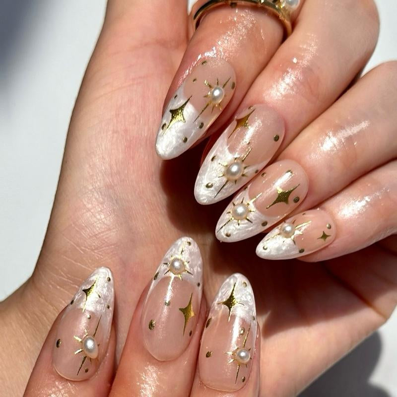 Handcrafted Wedding Press-On Nails - Medium Almond Shape with Pearl Accents - Faux Acrylic Gel Nails for Special Occasions