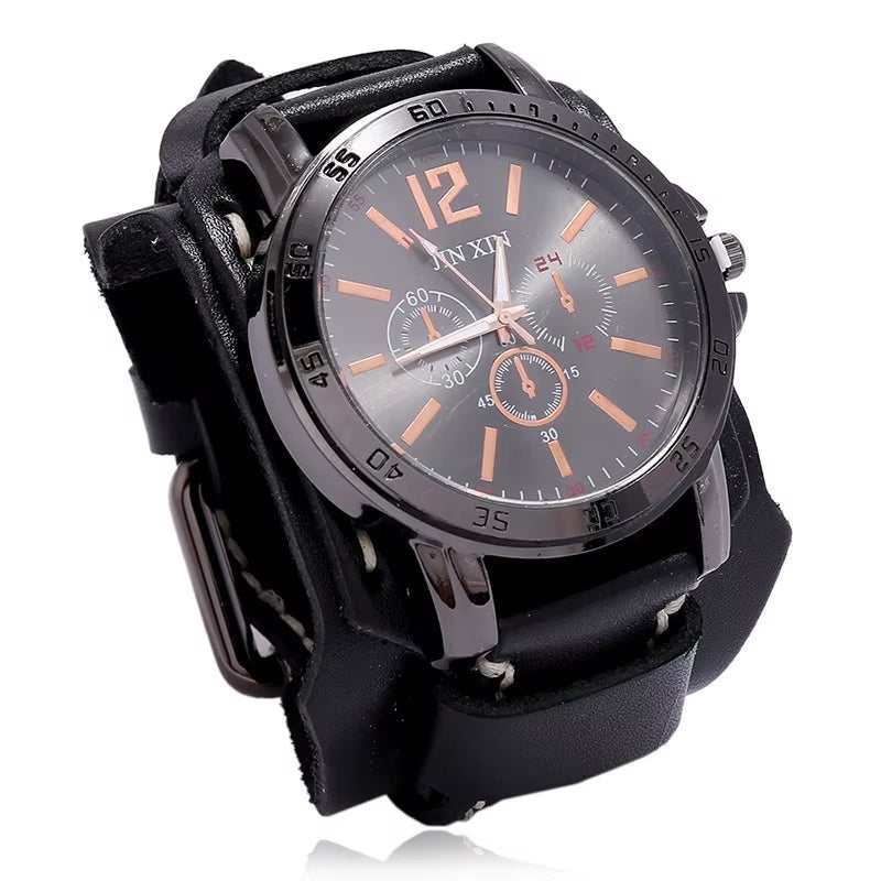2025 Mens Quartz Wristwatch Fashion Cowhide Watchband Vintage Punk Big round Watches Men Wide Genuine Leather Bracelets Clock