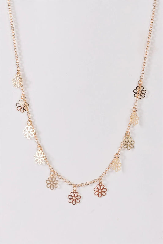 Gold Short Chain Laser Cut Daisy Charms Necklace