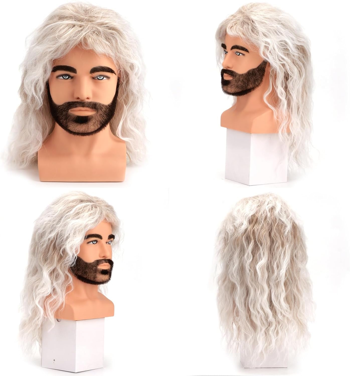 80S Outfit for Men|Synthetic Curly Mens Wig|Long Rocker Wig for Men|Mens Wig for Party (Ombre Brown to White)