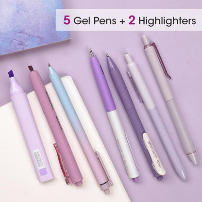 WRITECH Aesthetic Purple Gel Pens and Highlighters Set - Assorted Pastel Ink, 0.5mm Fine Point, Retractable 0.7mm Black Pen, 7 Count Multifunctional Stationery