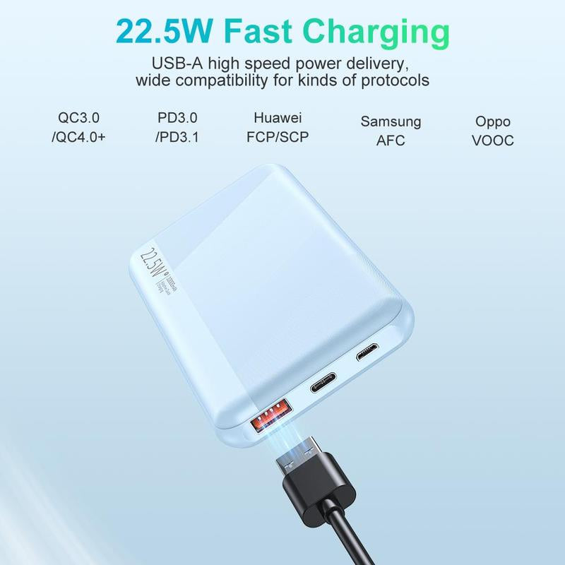 Portable 22.5W Fast Charging Power Bank with 10000mAh Capacity, Compatible with iPhone, Samsung Galaxy, and Huawei Smartphones - Ideal for Summer Use