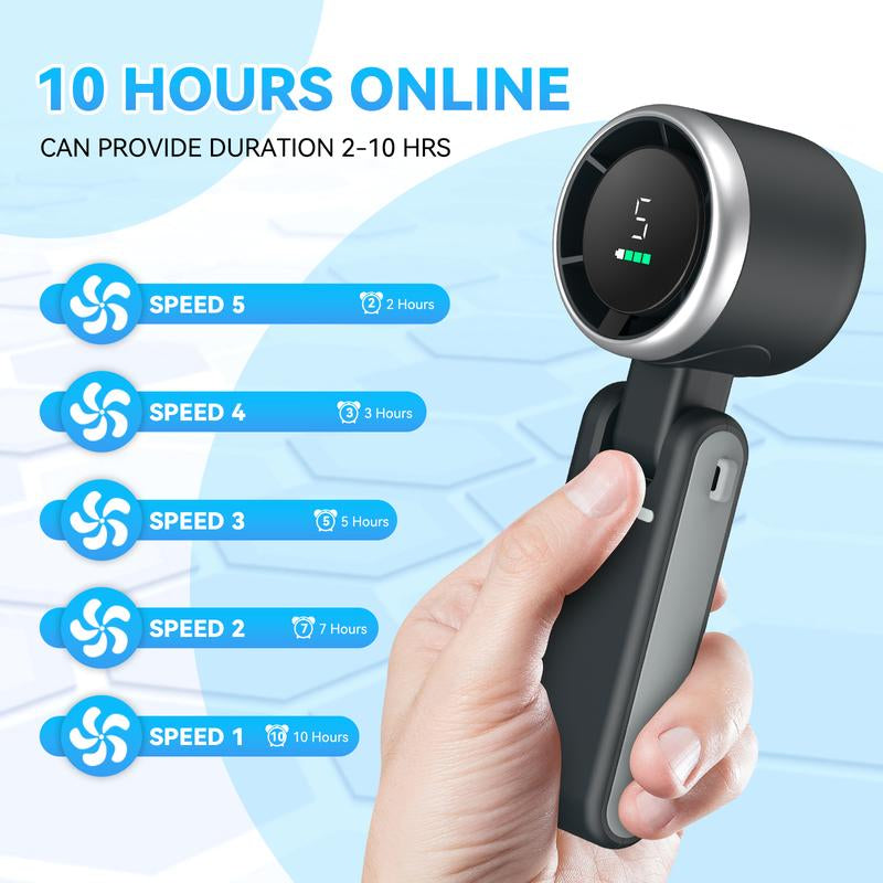 Portable Handheld Turbo Fan with 5 Speed Settings, Battery Operated for Up to 12 Hours, 3-in-1 Rechargeable Mini Fan Featuring Air Turbo Technology for Outdoor Activities, Travel, and Work