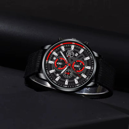 3PCS Set Fashion Mens Simple Watches Men Necklace Bracelet Nylon Quartz Watch Male Business Casual Wrist Watch