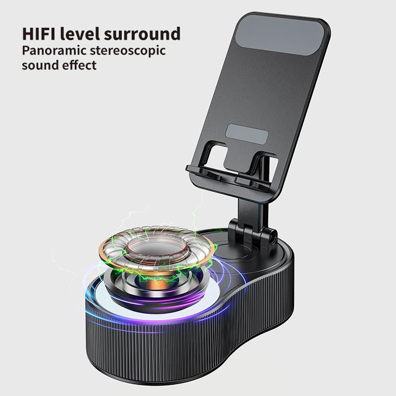 4-in-1 Wireless Bluetooth Speaker with 360° Rotating Mount, Emergency Power Bank (1500mAh), LED Desktop Phone Stand, Bluetooth 5.0 FM HD, Wireless Stereo Pairing for Home, Outdoor, and Travel Use