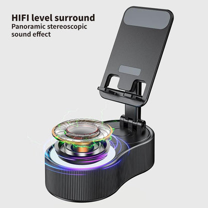 4-in-1 Wireless Bluetooth Speaker with 360° Rotating Mount, Emergency Power Bank (1500mAh), LED Desktop Phone Stand, Bluetooth 5.0 FM HD, Wireless Stereo Pairing for Home, Outdoor, and Travel Use