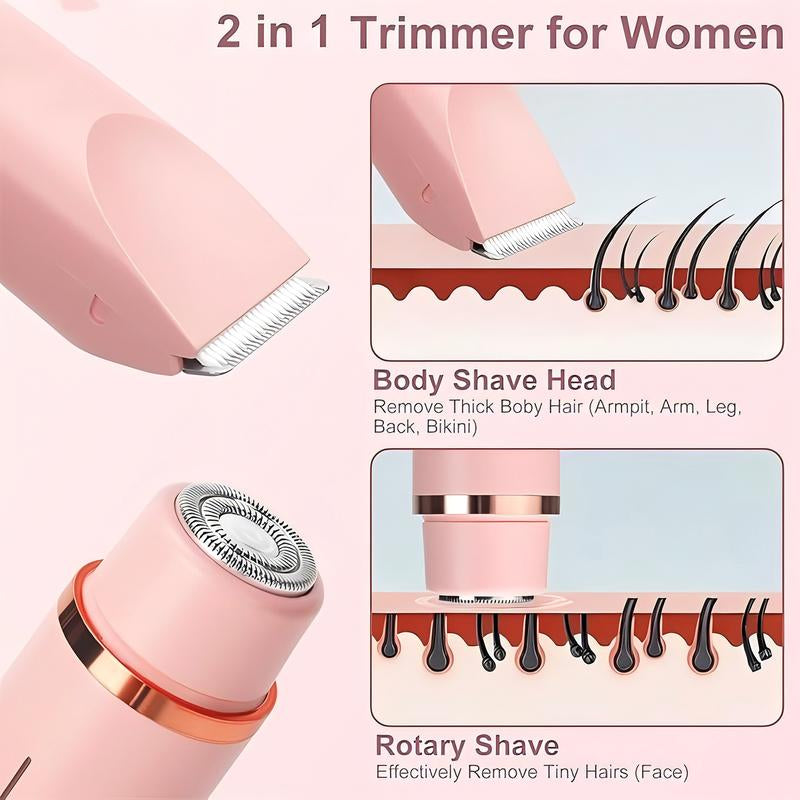 2 in 1 Electric Bikini Trimmer for Women - Dual-Head Electric Razors for Body & Facial Hair Removal, Waterproof Wet & Dry Use, Ideal Gift for Women Pink Stainless Steel