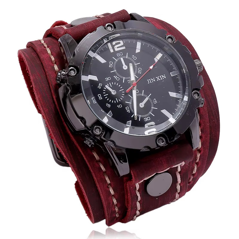 2025 Mens Quartz Wristwatch Fashion Cowhide Watchband Vintage Punk Big round Watches Men Wide Genuine Leather Bracelets Clock