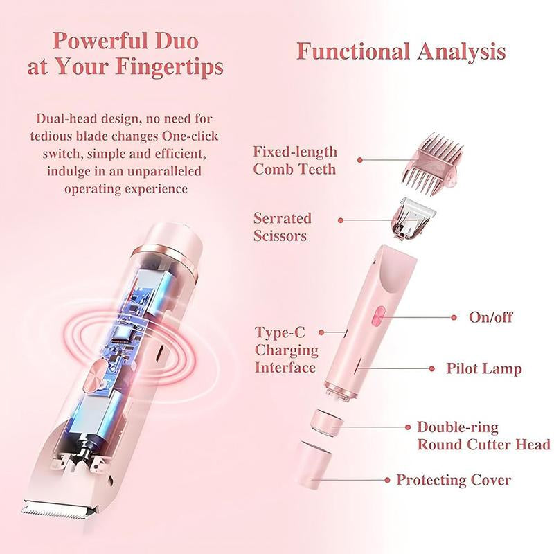 2 in 1 Electric Bikini Trimmer for Women - Dual-Head Electric Razors for Body & Facial Hair Removal, Waterproof Wet & Dry Use, Ideal Gift for Women Pink Stainless Steel