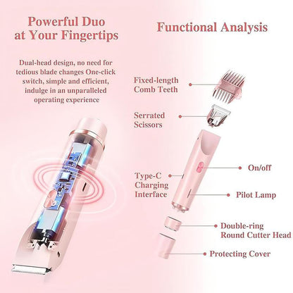 2 in 1 Electric Bikini Trimmer for Women - Dual-Head Electric Razors for Body & Facial Hair Removal, Waterproof Wet & Dry Use, Ideal Gift for Women Pink Stainless Steel