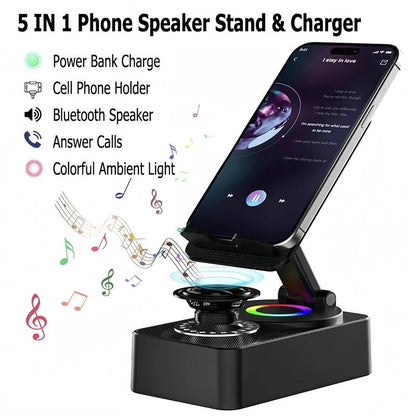 Wireless Bluetooth Speaker with Power Bank and 5-in-1 Phone Holder, Emergency Charging, Bluetooth 5.0, FM Radio, Enhanced Bass, and Call Functionality for Kitchen, Gym, Outdoor, Travel, and Parties