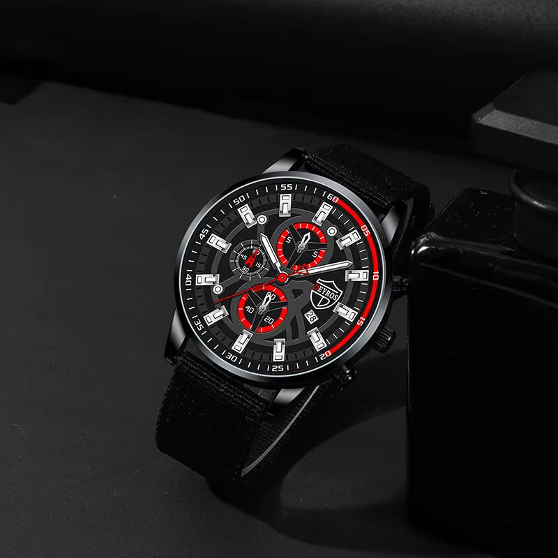 3PCS Set Fashion Mens Simple Watches Men Necklace Bracelet Nylon Quartz Watch Male Business Casual Wrist Watch
