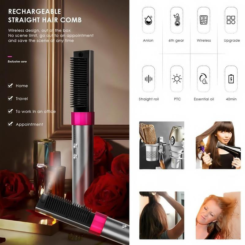 K-SKIN Pro Ionic Straightening Brush & Curler - 30S Fast Heat, 6000W Negative Ion & Wireless Charging, 6-Temp 150°F-200°F with Anti-Scald Teeth, Salon 3-Minute Styling + Fragrance Diffuser for Hydrated Silk Hair
