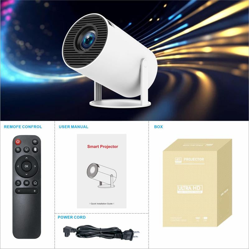 Portable 4K HD Smart Projector with 2.4/5G Wi-Fi, 360° Projection, Bluetooth 5.2, 200-Inch Screen, and Built-In Speaker for Home Entertainment