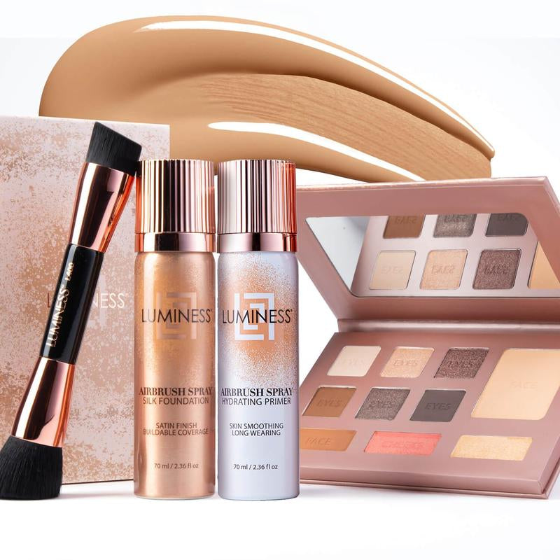 Luminess Glow up Essentials Face Time Palette 4 Piece - Tiktok Shop Exclusive - Silk Airbrush Spray Foundation & Primer Kit - Full Coverage Foundation, Anti-Aging Formula Hydrates & Moisturizes with Hyaluronic Acid, Aloe Vera & Hydrolyzed Silk