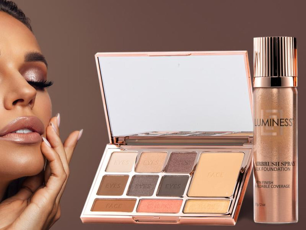 Luminess Glow up Essentials Face Time Palette 4 Piece - Tiktok Shop Exclusive - Silk Airbrush Spray Foundation & Primer Kit - Full Coverage Foundation, Anti-Aging Formula Hydrates & Moisturizes with Hyaluronic Acid, Aloe Vera & Hydrolyzed Silk
