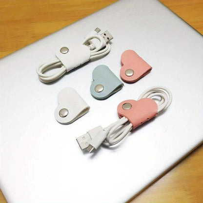 Heart-Shaped Cord Organizer Set in Assorted Colors, 5-Piece PU Leather Earphone and Headphone Cable Management for Home, Office, and School Desks