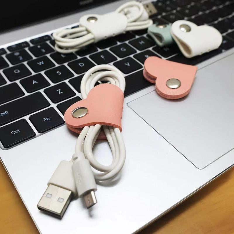 Heart-Shaped Cord Organizer Set in Assorted Colors, 5-Piece PU Leather Earphone and Headphone Cable Management for Home, Office, and School Desks