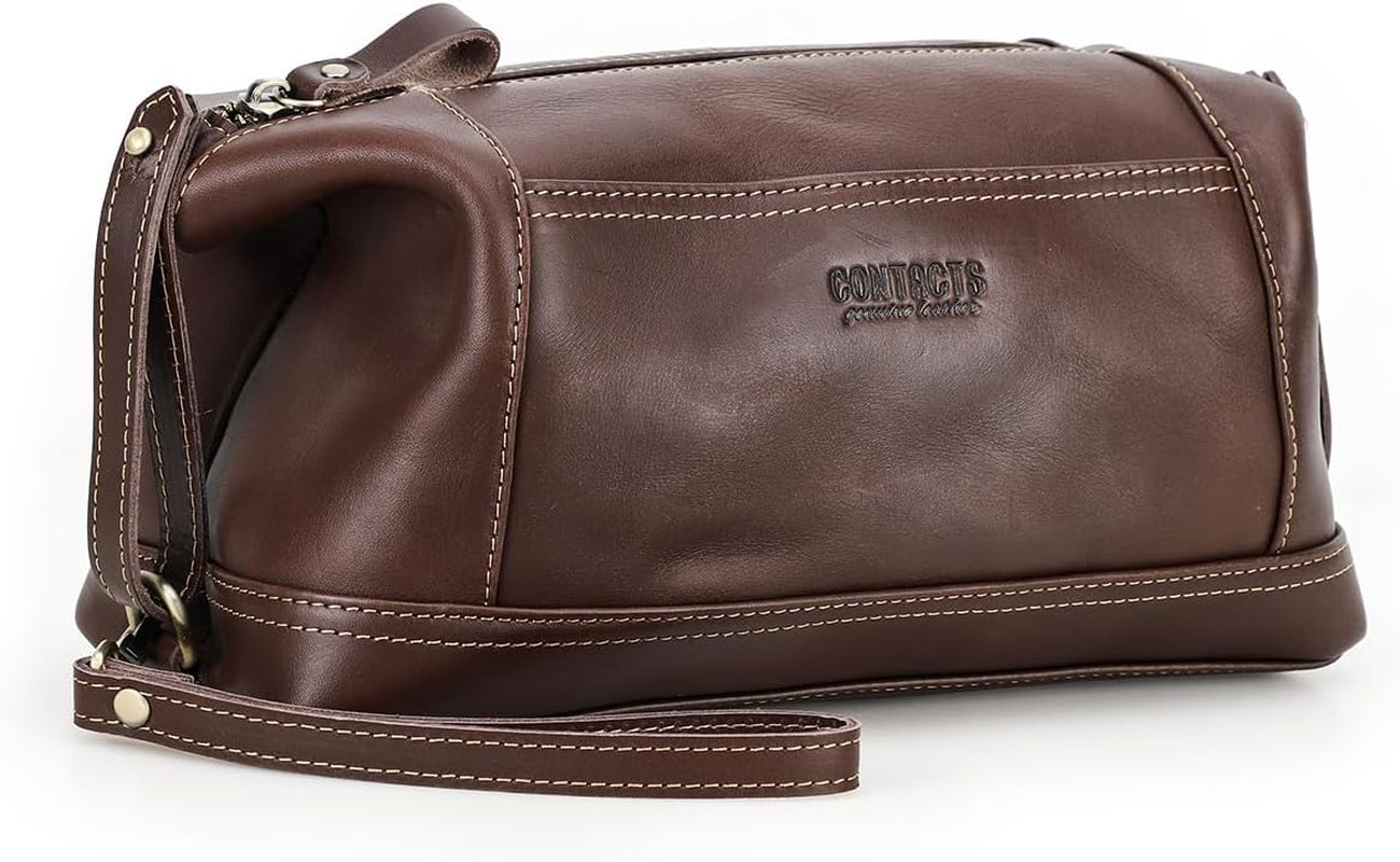 Toiletry Bag for Men Leather Travel Bathroom Shaving Dopp Kit Organizer Vintage Cosmetic Bag with Wrist Starp, Coffee, Vintage