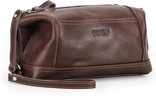 Toiletry Bag for Men Leather Travel Bathroom Shaving Dopp Kit Organizer Vintage Cosmetic Bag with Wrist Starp, Coffee, Vintage