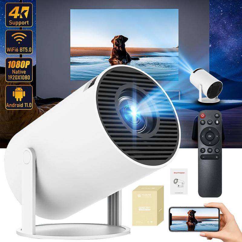 Portable 4K HD Smart Projector with 2.4/5G Wi-Fi, 360° Projection, Bluetooth 5.2, 200-Inch Screen, and Built-In Speaker for Home Entertainment