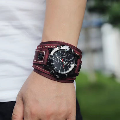 2025 Mens Quartz Wristwatch Fashion Cowhide Watchband Vintage Punk Big round Watches Men Wide Genuine Leather Bracelets Clock