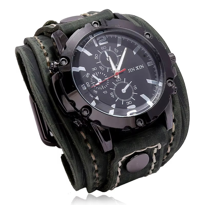 2025 Mens Quartz Wristwatch Fashion Cowhide Watchband Vintage Punk Big round Watches Men Wide Genuine Leather Bracelets Clock