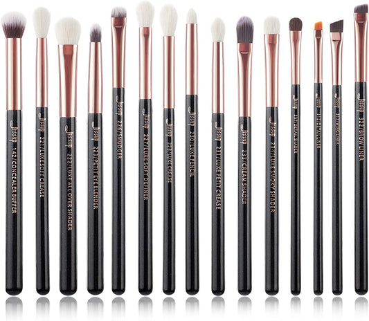 15Pcs Professional Makeup Brushes Set Make up Brush Tools Kit Cosmetics Tools Eye Liner Shader Wood Handle Natural-Synthetic Hair Brushes (Pearl Black/Rose Gold), T157