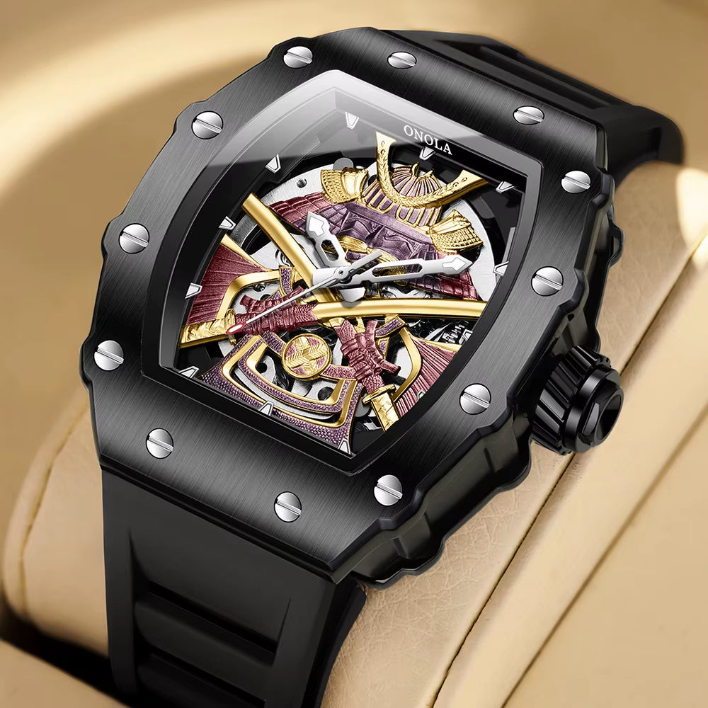 Automatic Movement Mechanical Watches for Men Fashion Black-Warrior Hollow High Quality Waterproof Mens Watch Reloj Hombre