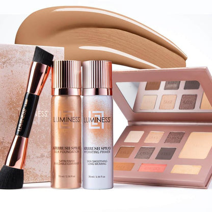 Luminess Glow up Essentials Face Time Palette 4 Piece - Tiktok Shop Exclusive - Silk Airbrush Spray Foundation & Primer Kit - Full Coverage Foundation, Anti-Aging Formula Hydrates & Moisturizes with Hyaluronic Acid, Aloe Vera & Hydrolyzed Silk