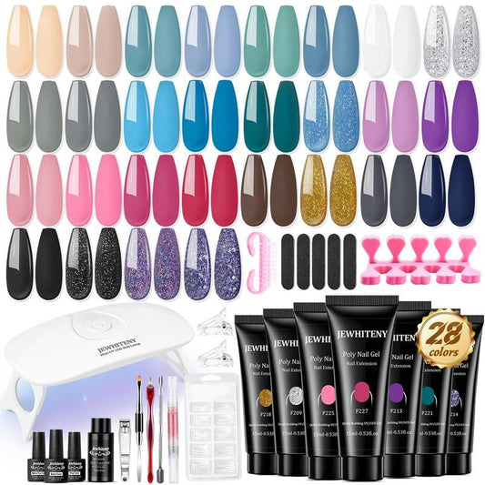 JEWHITENY 28 Colors Poly Gel Nail Kit Nude Gray Black Grey Blue Yellow Purple Glitter All in One Starter Kit Poly Extension Gel Nail Kit with Nail Lamp Base Top Coat Builder Gel Nail Kit