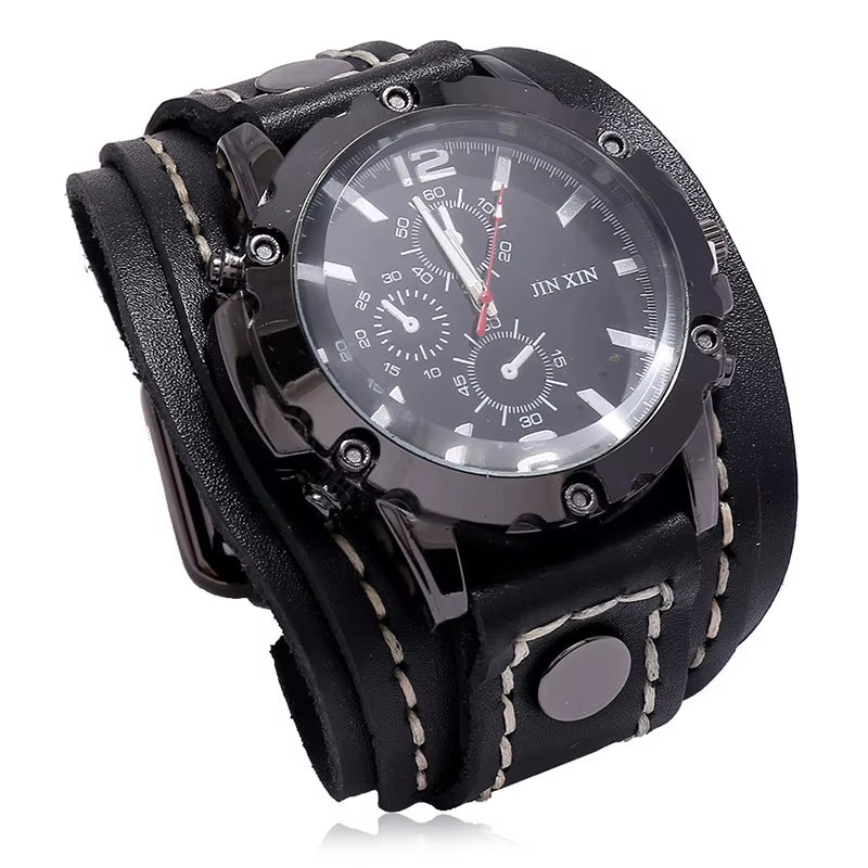 2025 Mens Quartz Wristwatch Fashion Cowhide Watchband Vintage Punk Big round Watches Men Wide Genuine Leather Bracelets Clock