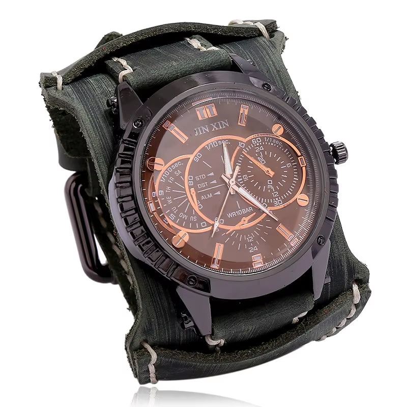 2025 Mens Quartz Wristwatch Fashion Cowhide Watchband Vintage Punk Big round Watches Men Wide Genuine Leather Bracelets Clock