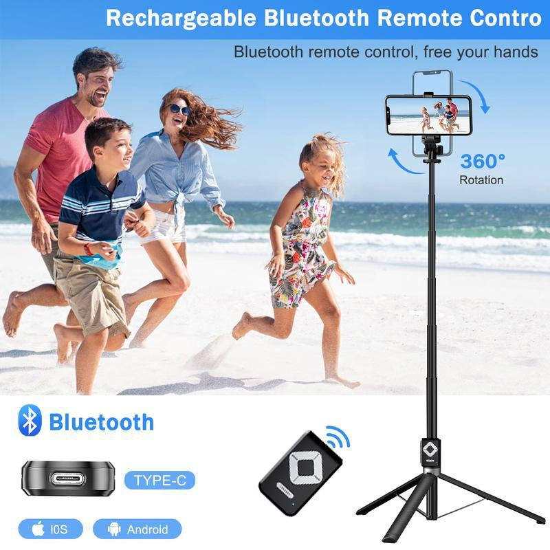 Dual Fill Light Selfie Stick Tripod with Wireless Bluetooth Remote Control - 6-in-1 Retractable Travel Accessory for iPhone and Android Smartphones